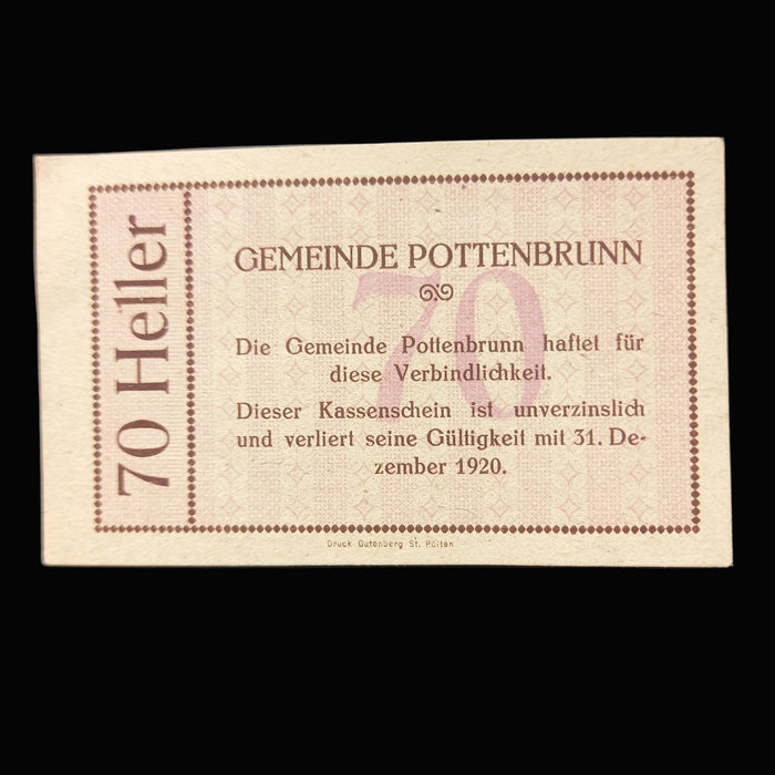 Antique Banknote 1920 Austria Pottenbrunn Notgeld Set 70 & 50 Heller Paper Money UNC