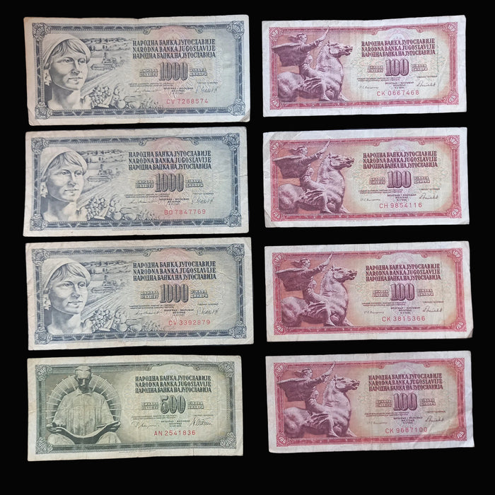 Vintage Banknote 1978-86 Yugoslavia Dinar 100 500 1K Tesla Peace Socialist Currency 8pc Set