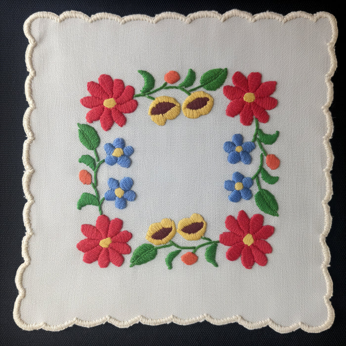 Embroidered floral design on a white fabric background, from Hungary