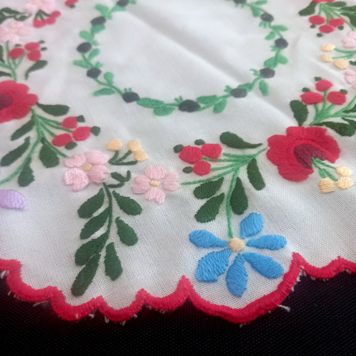 Vintage Hungarian Kalocsa Doily Round Wreath Wildflowers Handmade Decor 1960s