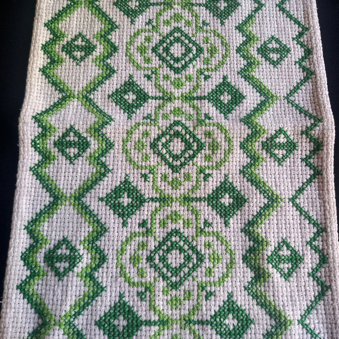 Vintage Hungarian Folk Art Table Runner Handmade Green Cross-Stitch Boho 1950-60s