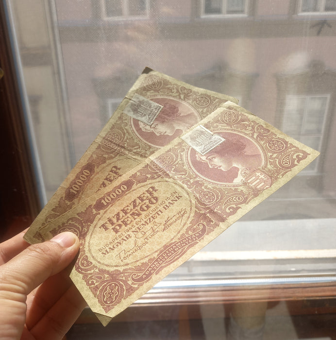 Vintage Banknote 1945 Hungary 10k Pengő MNB Tax Stamp Pair 047047 Repeater Serial WWII