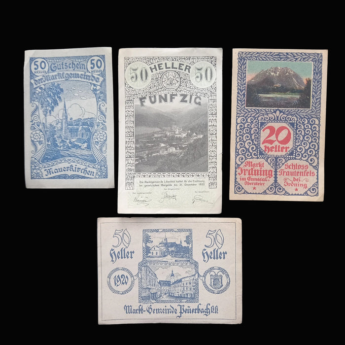 Antique Banknote Notgeld 1920 Austria Architecture 14pc Set Rare Stamped Gainfarn Heller Pair