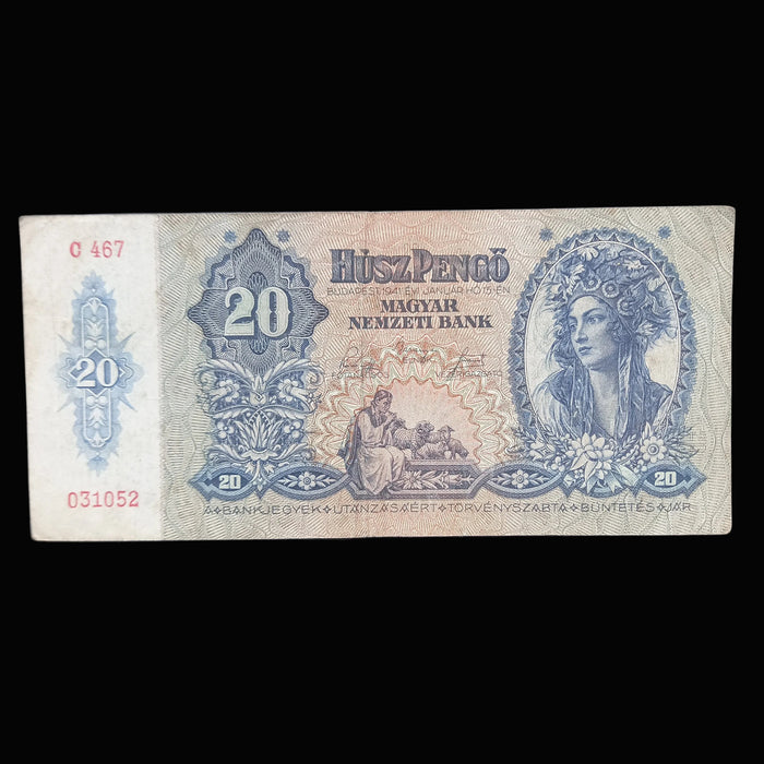 Vintage Banknote 1941 Hungary 20 Pengő WWII Era Paper Money Collectible Old Hungarian Cash