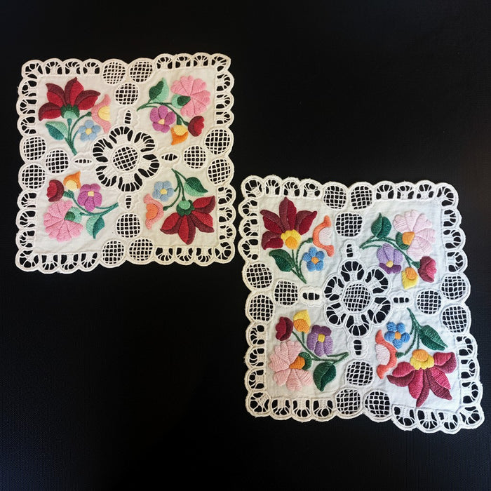 Vintage Hungarian Kalocsa Doilies 2 Hand-Embroidered Richelieu Heirlooms 1970s