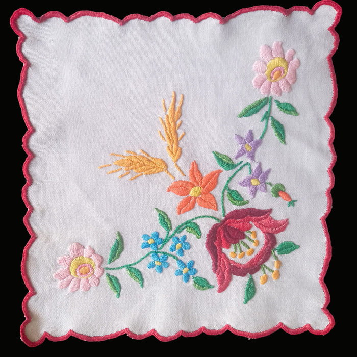 Vintage Hungarian Kalocsa Doily Hand-Embroidered Flowers & Wheat 1970-80s