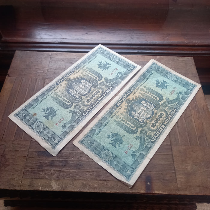 1946 Hungary 100,000 Milpengő Banknote Pair Matching B-Series Hyperinflation Currency