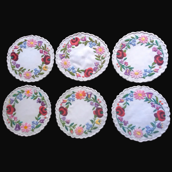 Hungarian Vintage Doily Set of 6 Vivid Hand-Embroidered Floral Folk Art 1970-80s