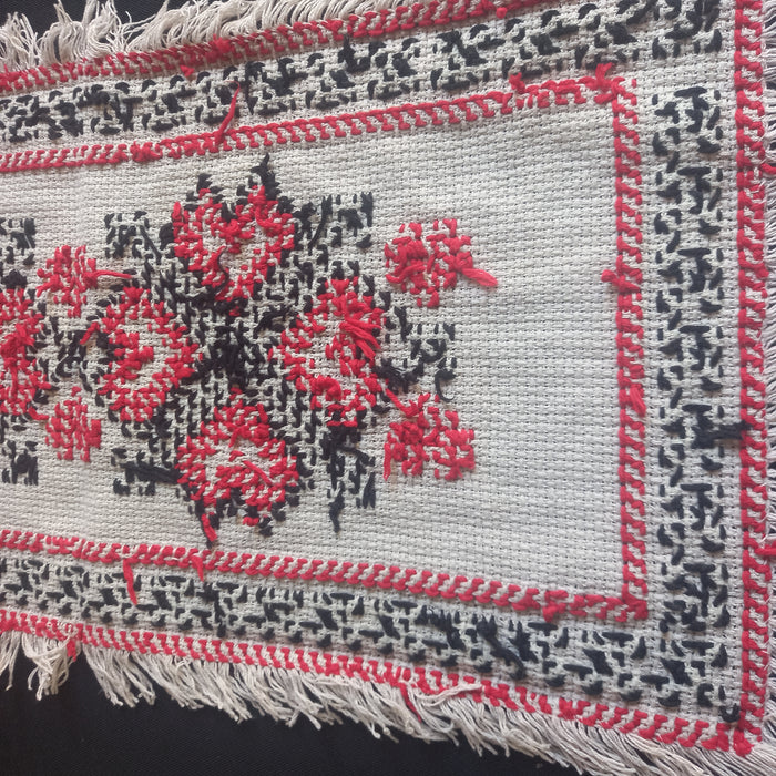 Vintage Hungarian Folk Art Table Runner Red Heart Cross-Stitch Table Runner 1950-60s