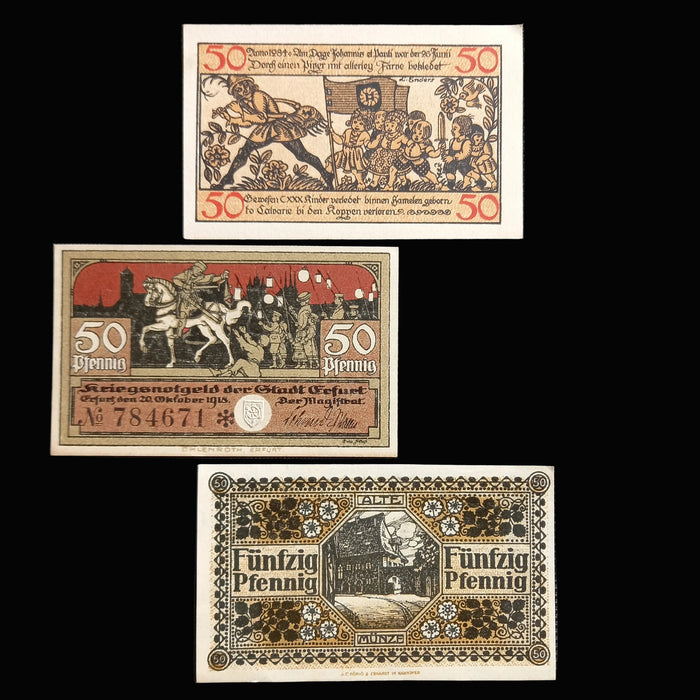 Antique Banknote 1918 Germany 50 Pfennig Notgeld Hameln Erfurt Hildesheim Set UNC