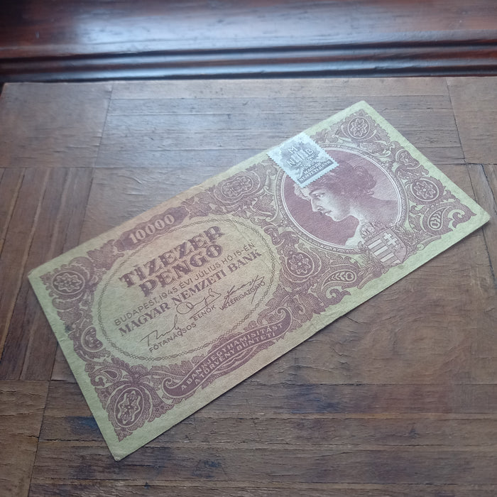 1945 Hungary Banknote 10,000 Pengő Tízezer Historical Overstamp Paper Currency