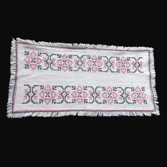 Vintage Hungarian Folk Art Table Runner Pink Tulips Hand Stitched 1950-60s