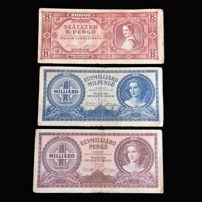 Vintage Banknote 1946 Hungary Billion Trillion Quadrillion Hyperinflation Progression 3pc Set