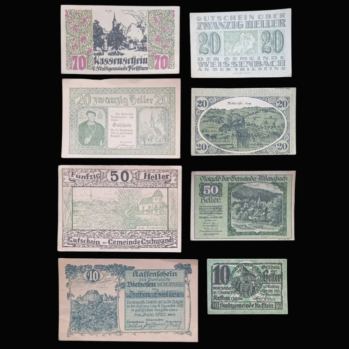 Antique Banknote Notgeld 1920 Austria Green Landscape 8pc Set Heller WWI Money Excellent