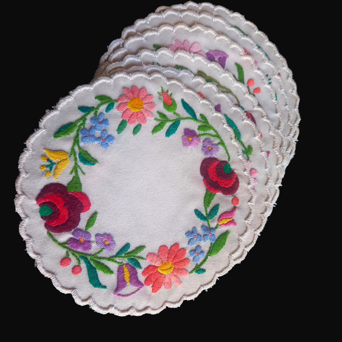 Hungarian Vintage Doily Set of 6 Vivid Hand-Embroidered Floral Folk Art 1970-80s