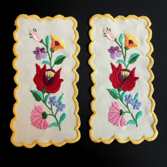 Vintage Hungarian Kalocsa Doilies 2 Matching Hand-Embroidered Yellow Folk Art 1970s