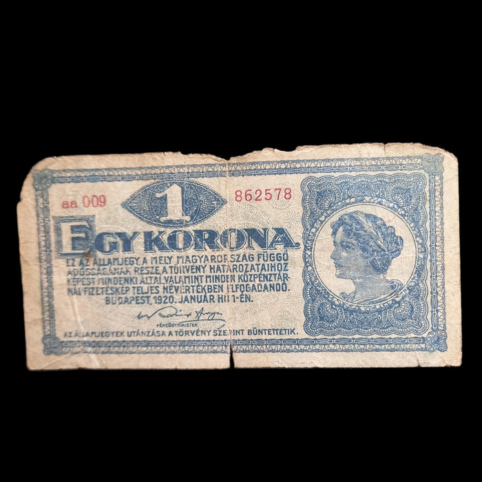 1920 Hungary Banknote 1 Korona Antique Austro-Hungarian Empire Egy One Bill Money