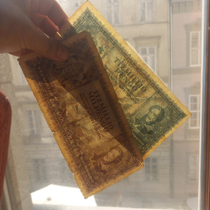 Vintage Banknote 1945-1946 Hungary 10 Million Tízmillió Pengő & 10000000000000 Milpengő