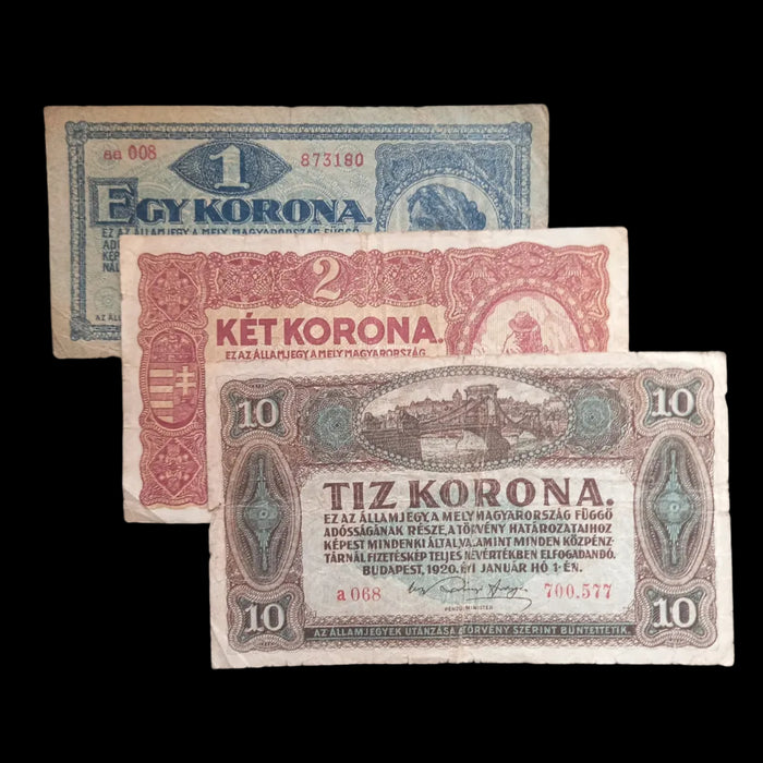 1920 Hungary Banknote Korona Set 1 2 10 Antique Bills Post-WWI Europe Currency