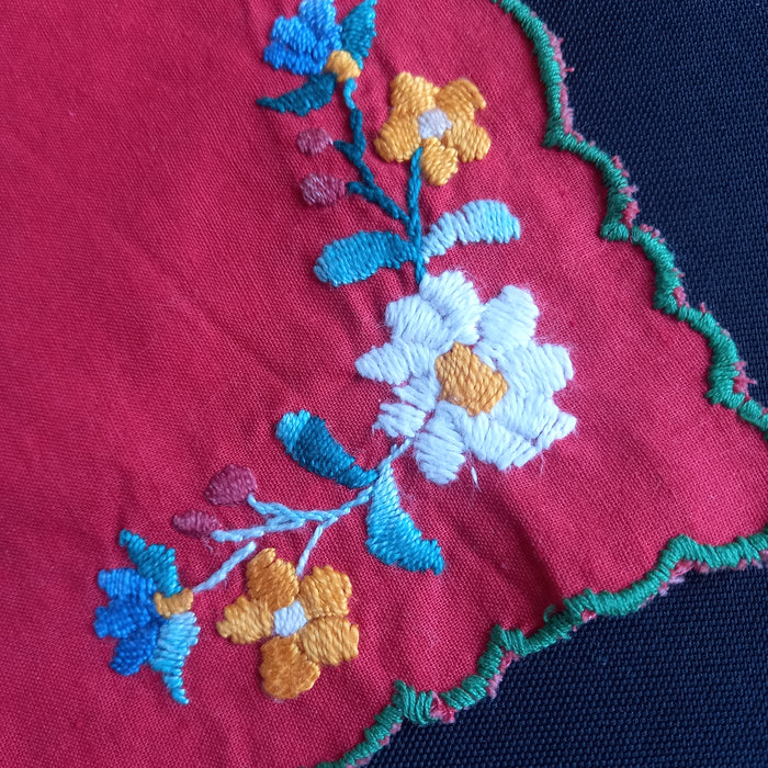 Vintage Hungarian Kalocsa Doily Set of 3 Red Floral Linen Cocktail Napkins 1970s