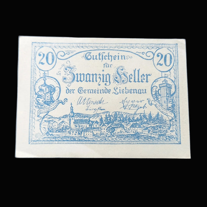 Antique Banknote 1920 Austria Liebenau Notgeld Emergency Money 20 Heller Variant Pair