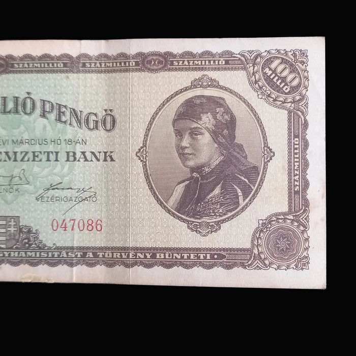 Vintage Banknote 1946 Hungary 100 Millió Pengő Girl Parliament Hyperinflation WWII Crisis