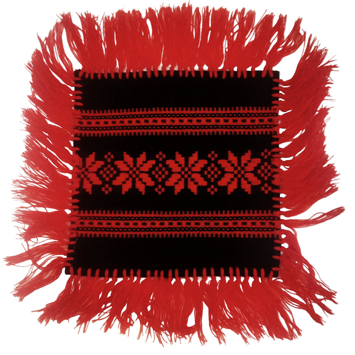 Vintage Hungarian Folk Art Doily Red Black Star Fringe Bohemian Handmade 1960s