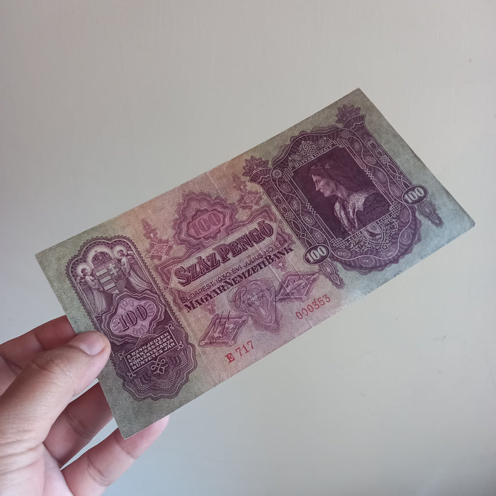 Vintage Banknote 1930 Hungary 100 Pengő Low Serial 000353 King Matthias Old World Money