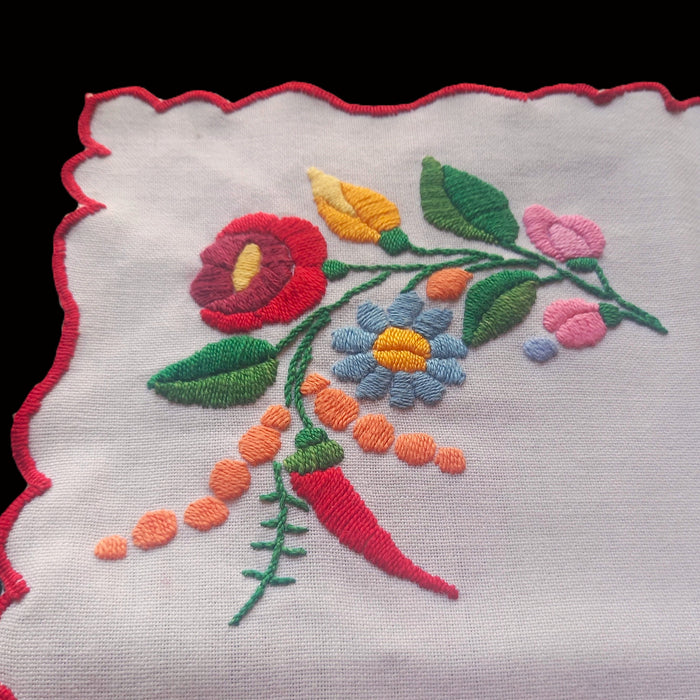 Vintage Hungarian Kalocsa Table Linen 5pc Set Hand Embroidered Runner Doilies Mats 1970s