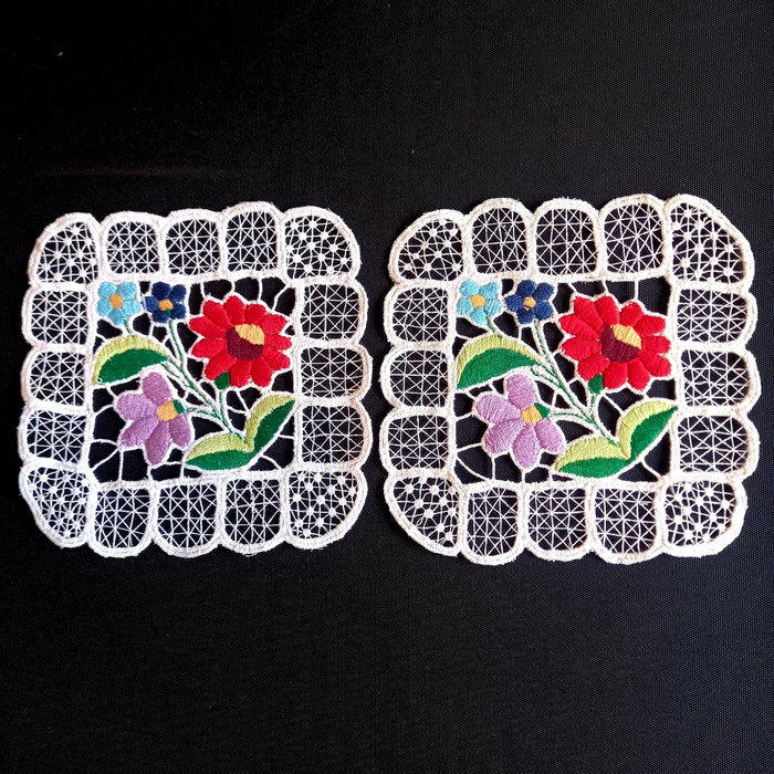 Vintage Hungarian Kalocsa Doilies 2 Hand-Embroidered Richelieu Square Set 1970-80s
