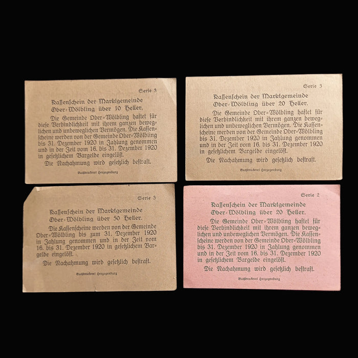 Antique Banknote 1920 Austria Ober-Wolbling 10 20 50 Heller Notgeld Emergency Bill Set
