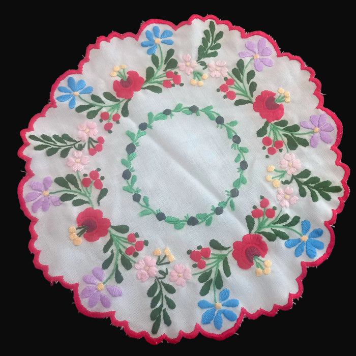 Vintage Hungarian Kalocsa Doily Round Wreath Wildflowers Handmade Decor 1960s