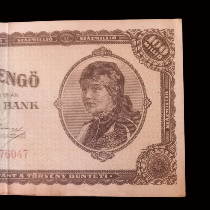 Vintage Banknote 1946 Hungary 100M Százmillió Pengő Pair Palóc Girl Portrait Hyperinflation Currency