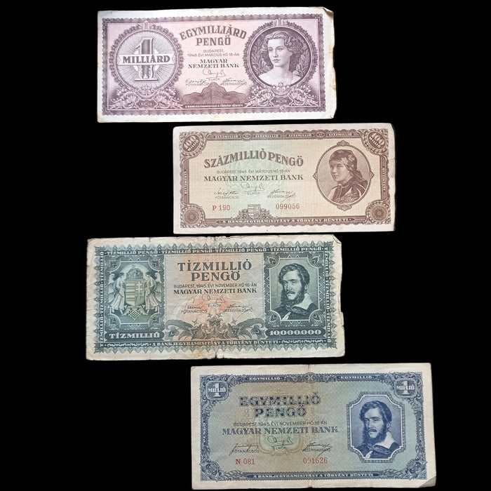 1945-46 Hungary Banknote Pengo Set Post-WWII Hyperinflation Progression Bills