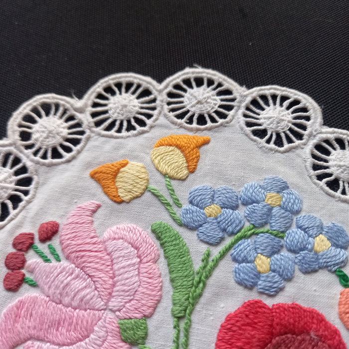Vintage Hungarian Kalocsa Doily Flower Embroidery Richelieu Handmade Art 1970s