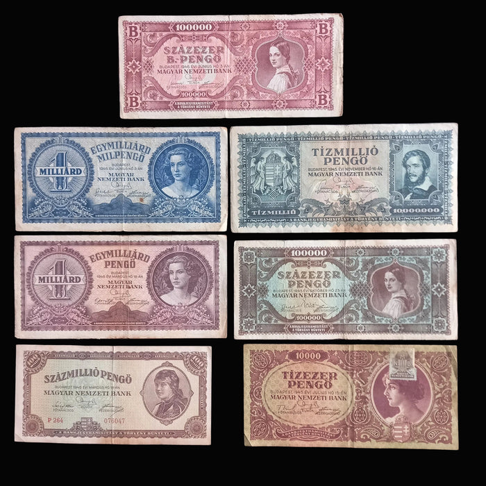 Vintage Banknote Set 1945-46 Hungary 100 Quadrillion Százezer B-Pengő Hyperinflation 7pc