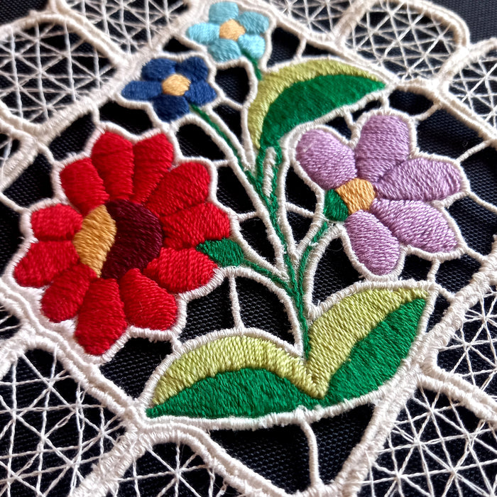 Vintage Hungarian Kalocsa Doilies 2 Hand-Embroidered Richelieu Square Set 1970-80s