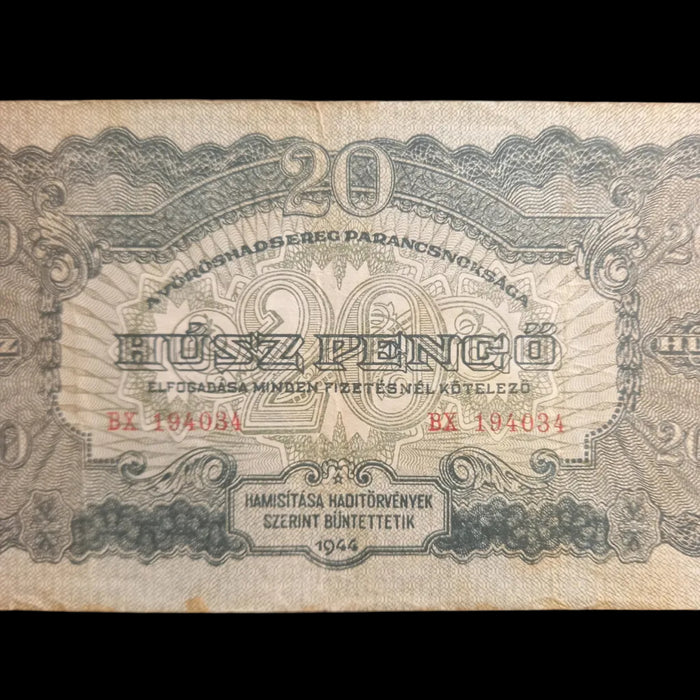 1944 Hungary Banknote Pengő 20 Red Army Occupation Issue WWII Soviet Vinage Bill VF