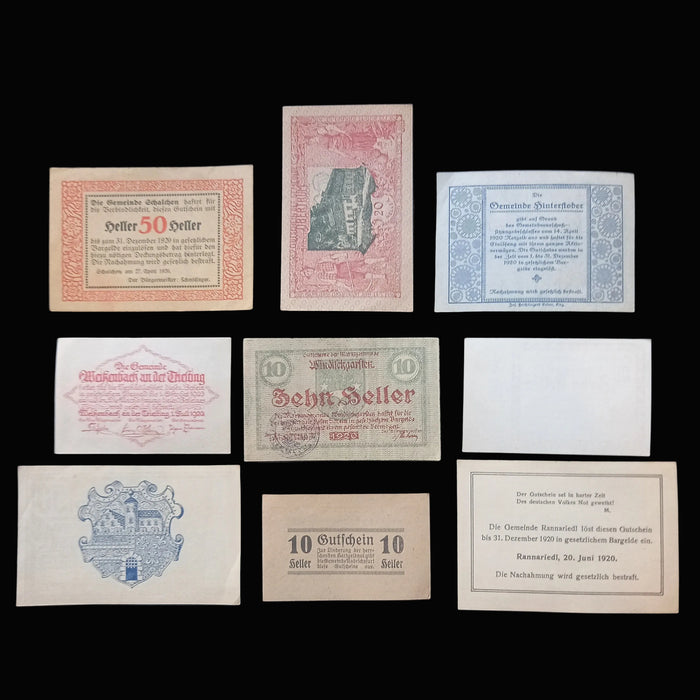 Antique Banknote Notgeld 1920 Austria Alpine Town Church 9pc Set Emergency Money Excellent