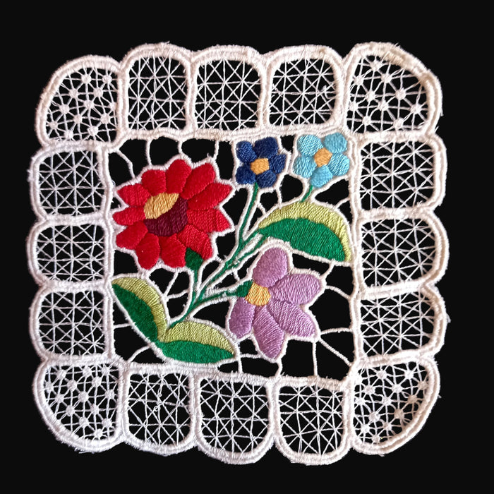 Vintage Hungarian Kalocsa Doilies 2 Hand-Embroidered Richelieu Square Set 1970-80s