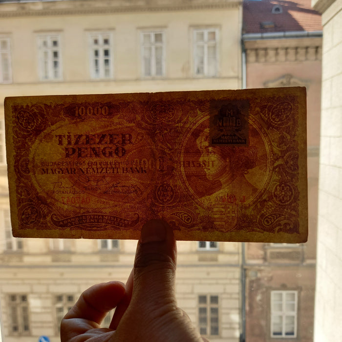 Vintage Banknote 1945 Hungary 10000 Tízezer Pengő STAMPED MNB WWII 047047