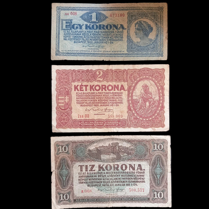 1920 Hungary Banknote Korona Set 1 2 10 Antique Bills Post-WWI Europe Currency