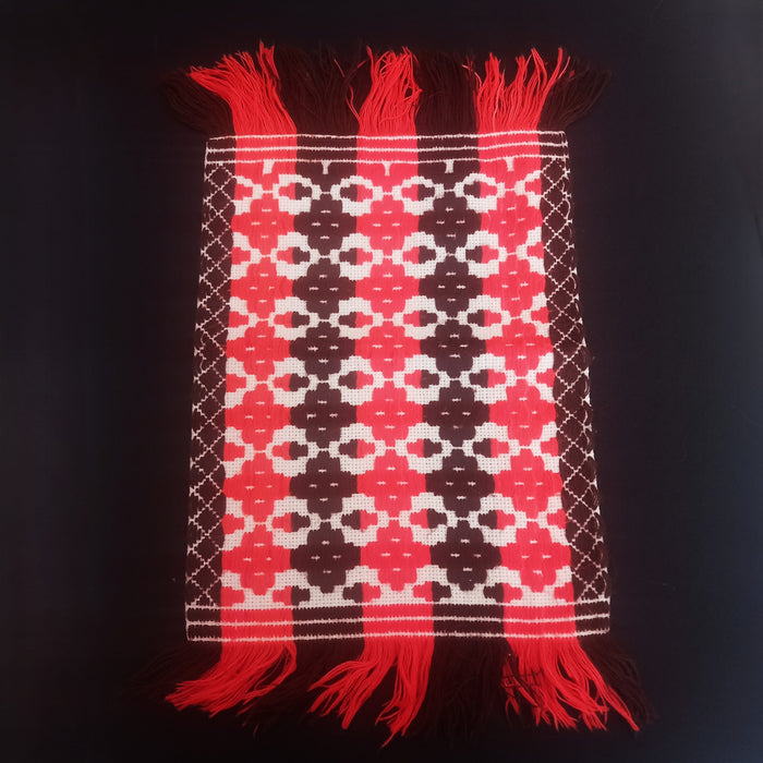 Vintage Hungarian Folk Art Table Runner Red-Orange Brown Diamond Loom 1970s