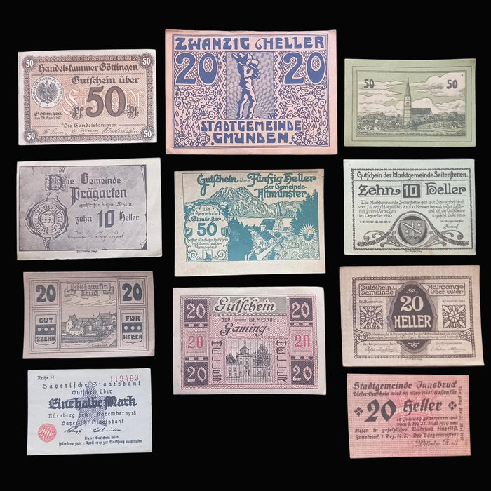 Antique Banknote Notgeld 1918-1921 German Austria History 11pc Set Mark Pfennig Heller