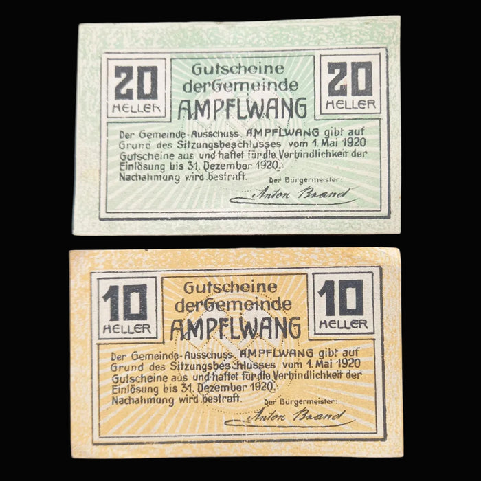 Antique Banknote 1920 Austria Ampflwang Notgeld Set 20 & 10 Heller Emergency Currency