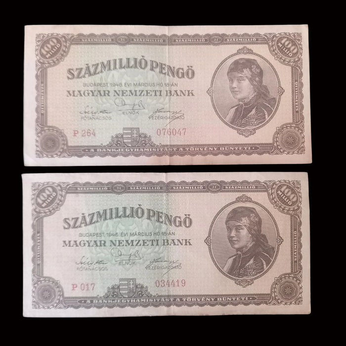 Vintage Banknote 1946 Hungary 100M Százmillió Pengő Pair Palóc Girl Portrait Hyperinflation Currency