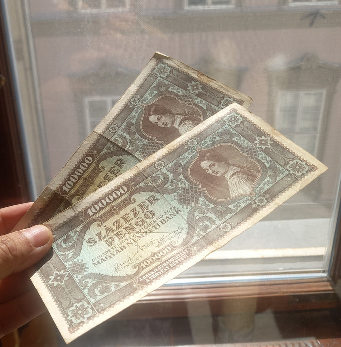 Vintage Banknote 1945 Hungary 100k Százezer Pengő Pair Matching M-Series WWII Currency