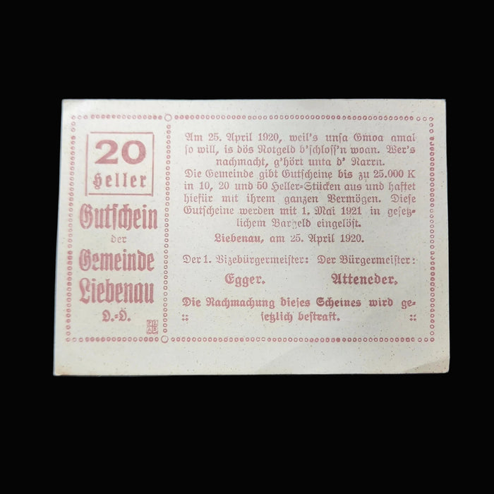 Antique Banknote 1920 Austria Liebenau Notgeld Emergency Money 20 Heller Variant Pair
