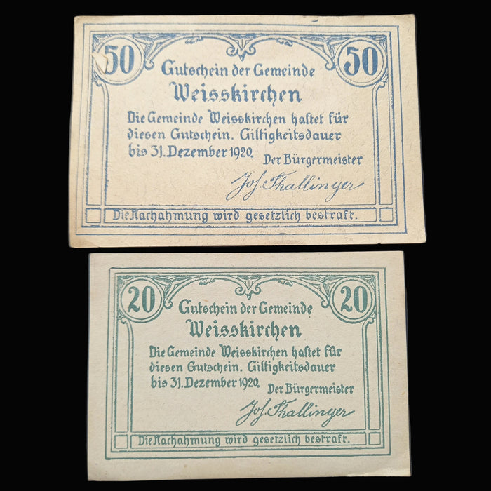 Antique Banknote 1920 Austria Weisskirchen Notgeld Set 20 & 50 Heller Emergency Money