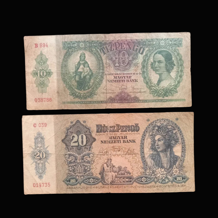 Vintage Banknote 1930-1941 Hungary Pengő 3pc Set Tíz Húsz Száz 10 20 100 Progression Bills
